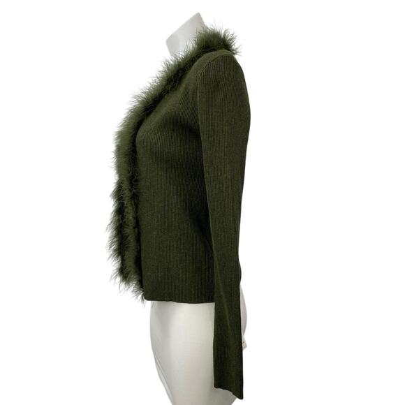 NEW Commense Green Rib Knit Faux Fur Open Front Long Sleeve Cardigan Sweater M - Picture 2 of 5